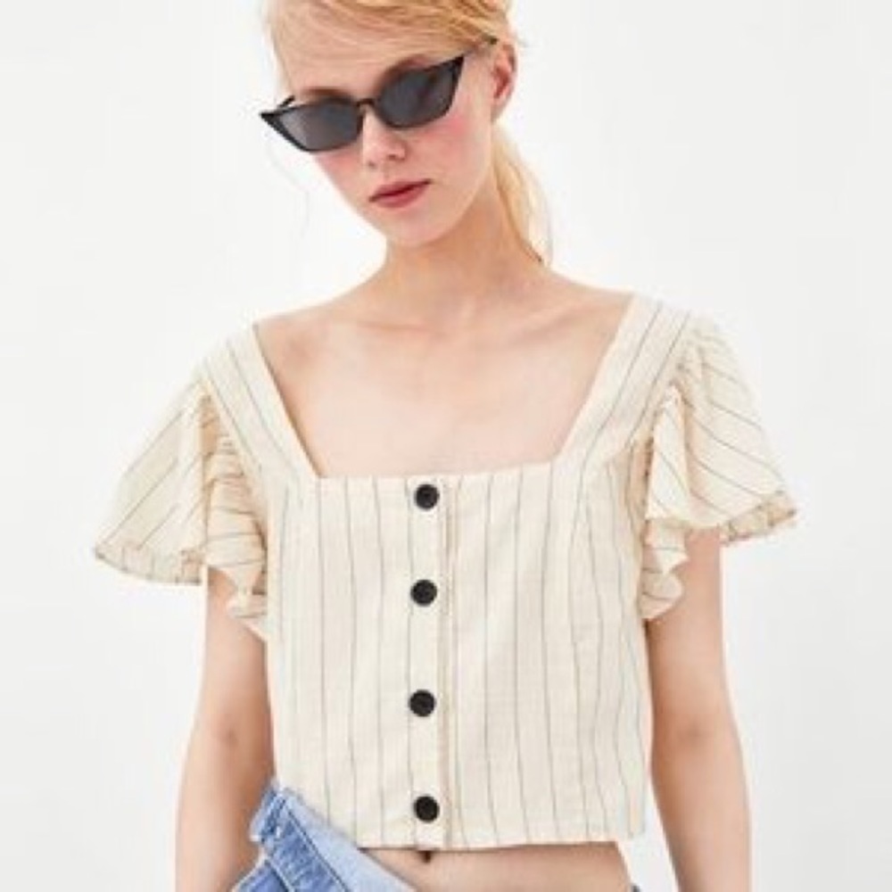 Zara Striped Button Blouse with Ruffle Sleeves L